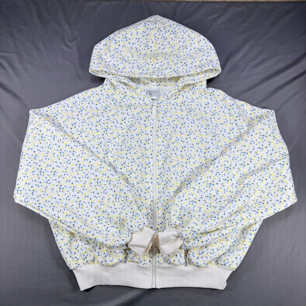 Blogilates Womens M White Floral Cotton  Marshmallow Hoodie Oversized Zip Up